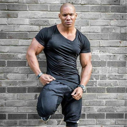Cotton Slim V-Neck Workout Short Sleeve Gym T-Shirt
